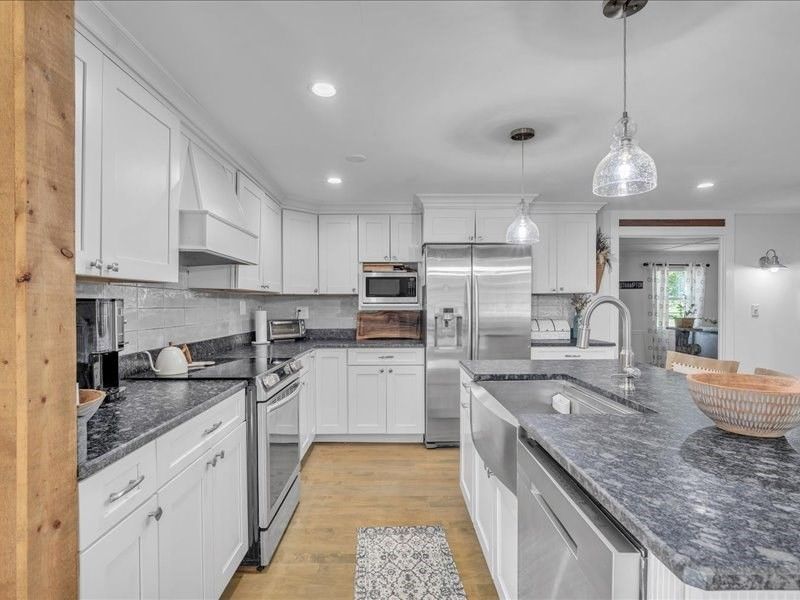 Interior, Kitchen, Pendant Lights, Recessed Lighting, Stainless Steel Appliances, Wood Texture Flooring