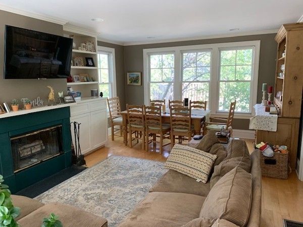 Dining room, Fireplace, Interior, Living room, Wood Texture Flooring