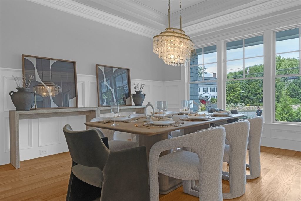 Chandelier, Dining room, Interior, Wood Texture Flooring
