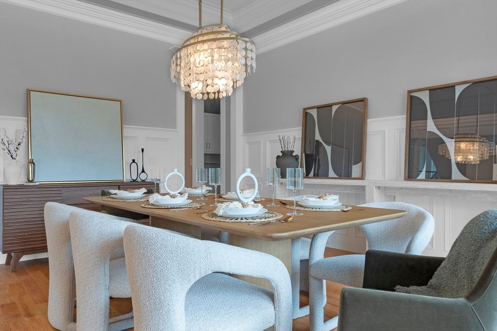 Chandelier, Dining room, Interior, Wood Texture Flooring