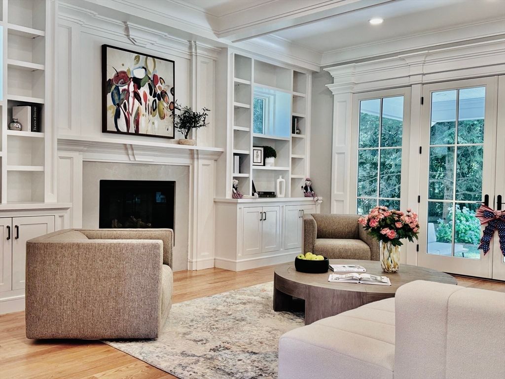 Fireplace, Interior, Recessed Lighting, Wood Texture Flooring