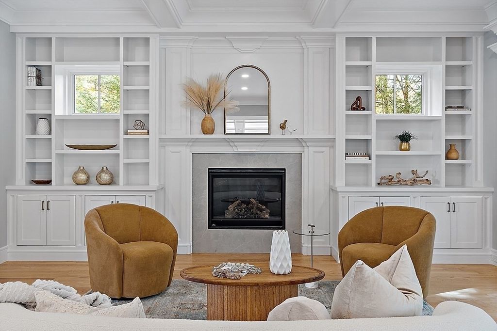 Fireplace, Interior, Living room, Recessed Lighting, Wood Texture Flooring