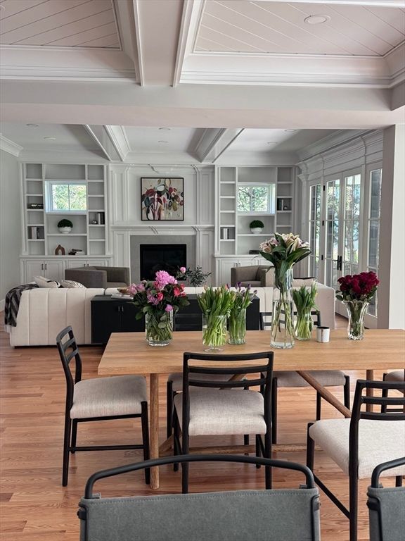 Dining room, Fireplace, Interior, Living room, Wood Texture Flooring