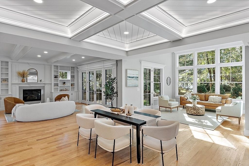 Dining room, Fireplace, Interior, Living room, Recessed Lighting, Wood Texture Flooring