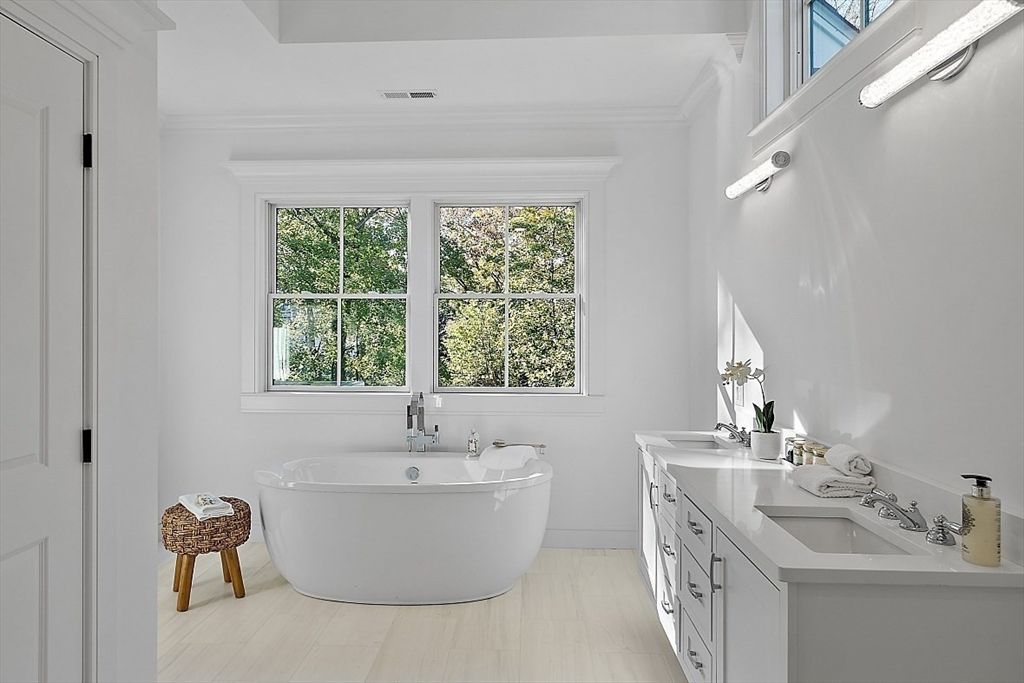 Bathroom, Dual Sink Vanities, Free Standing Baths, Interior, Wood Texture Flooring