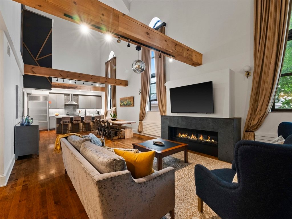 Dining room, Fireplace, Interior, Kitchen, Living room, Pendant Lights, Wooden Beams, Wood Texture Flooring