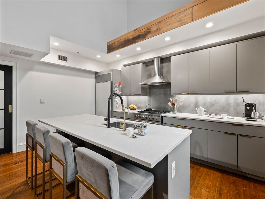 Interior, Kitchen, Recessed Lighting, Stainless Steel Appliances, Wooden Beams, Wood Texture Flooring