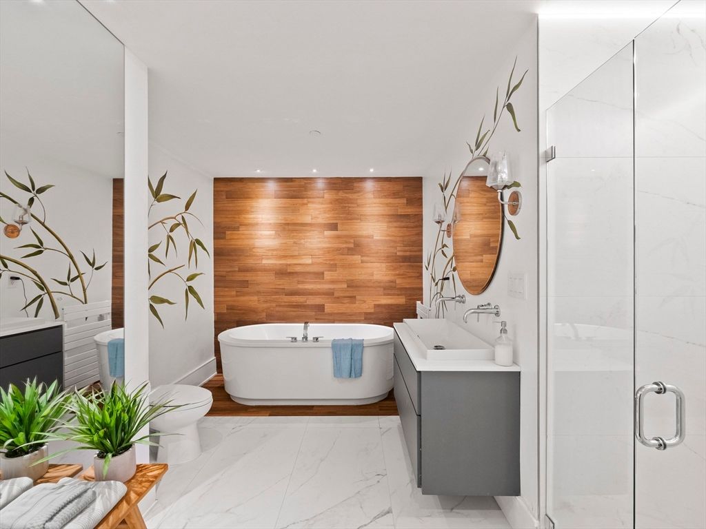 Bathroom, Free Standing Baths, Glass Shower, Interior, Marble, Recessed Lighting, Wooden Walls
