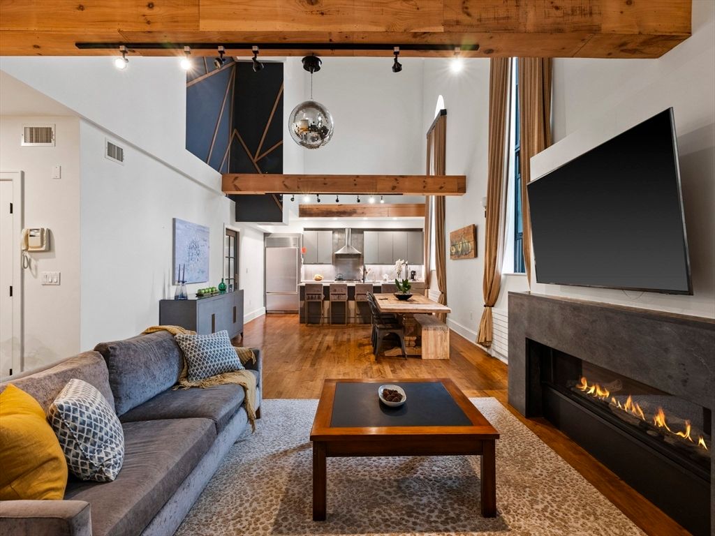 Dining room, Fireplace, Interior, Kitchen, Living room, Pendant Lights, Wooden Beams, Wooden Ceilings, Wood Texture Flooring