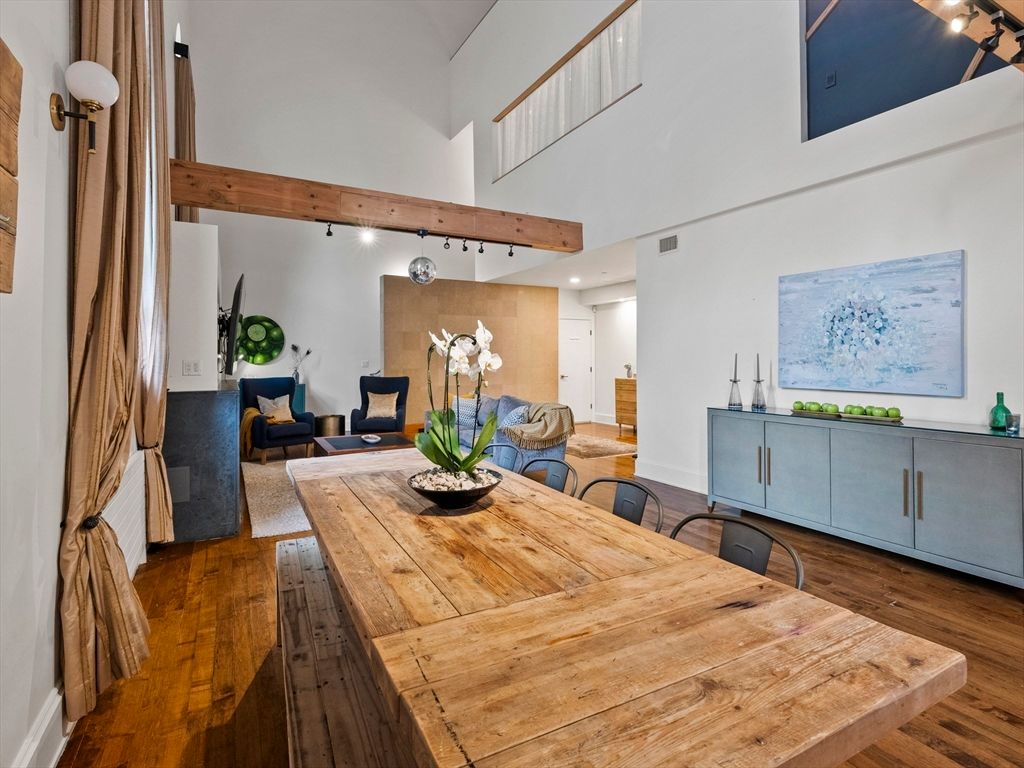 Dining room, Interior, Living room, Recessed Lighting, Wooden Beams, Wood Texture Flooring