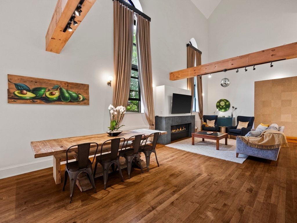 Dining room, Fireplace, Interior, Living room, Wooden Beams, Wood Texture Flooring