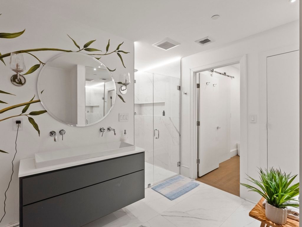 Bathroom, Glass Shower, Interior, Marble, Marble Walls, Recessed Lighting, Wood Texture Flooring