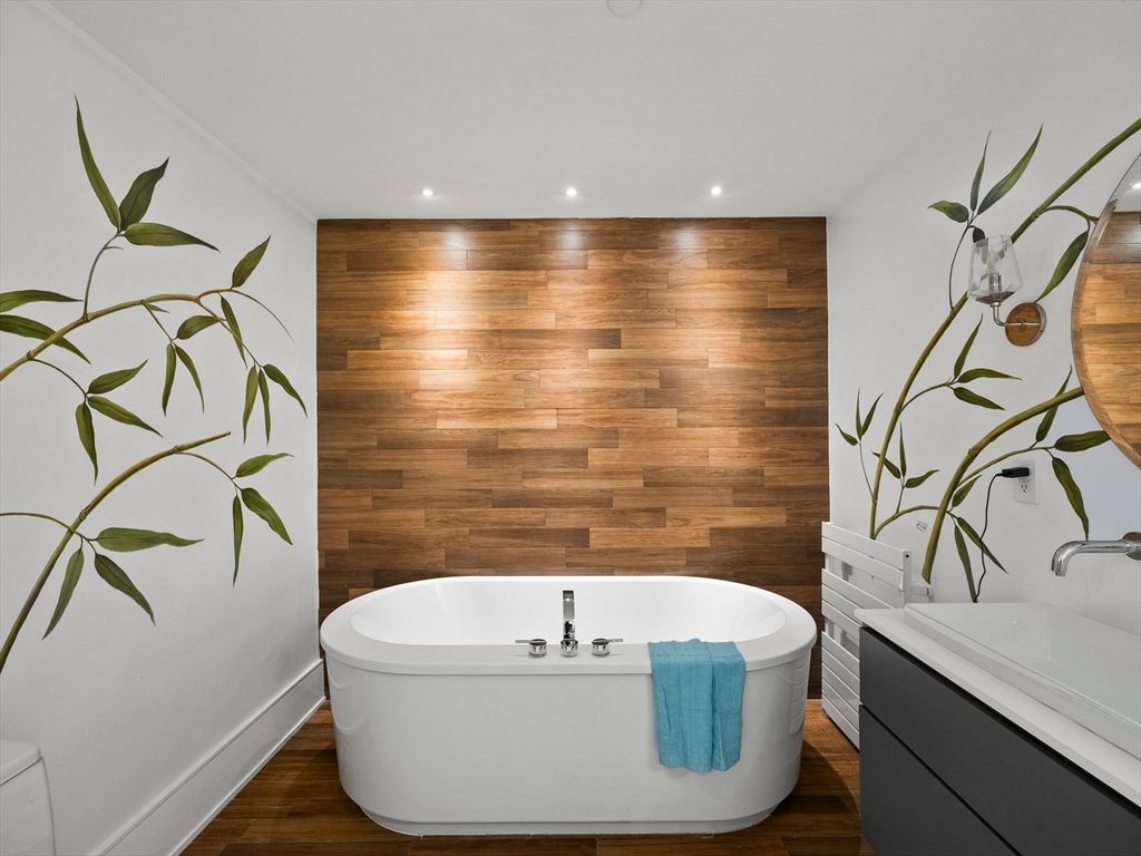 Bathroom, Free Standing Baths, Interior, Recessed Lighting, Wood Texture Flooring, Wooden Walls