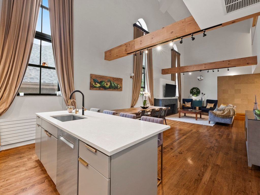 Dining room, Fireplace, Interior, Kitchen, Living room, Wooden Beams, Wood Texture Flooring