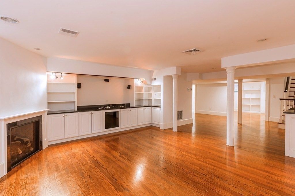 Empty room, Fireplace, Interior, Kitchen, Recessed Lighting, Wood Texture Flooring
