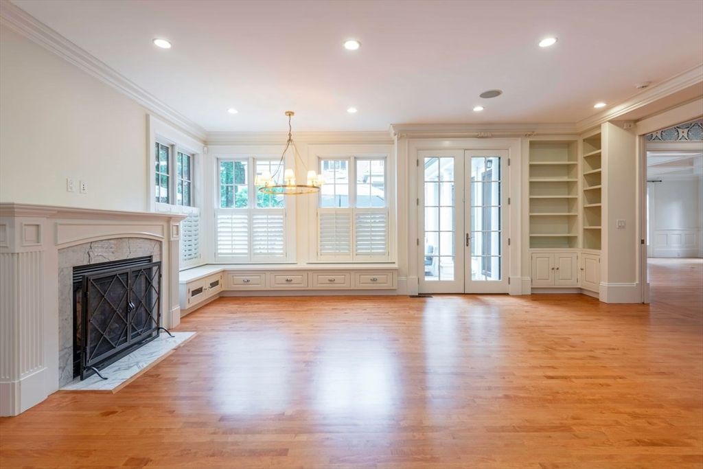 Empty room, Fireplace, Interior, Pendant Lights, Recessed Lighting, Wood Texture Flooring