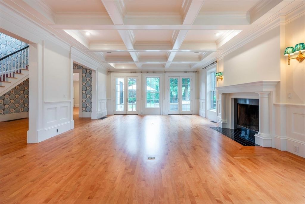 Empty room, Fireplace, Interior, Recessed Lighting, Wood Texture Flooring