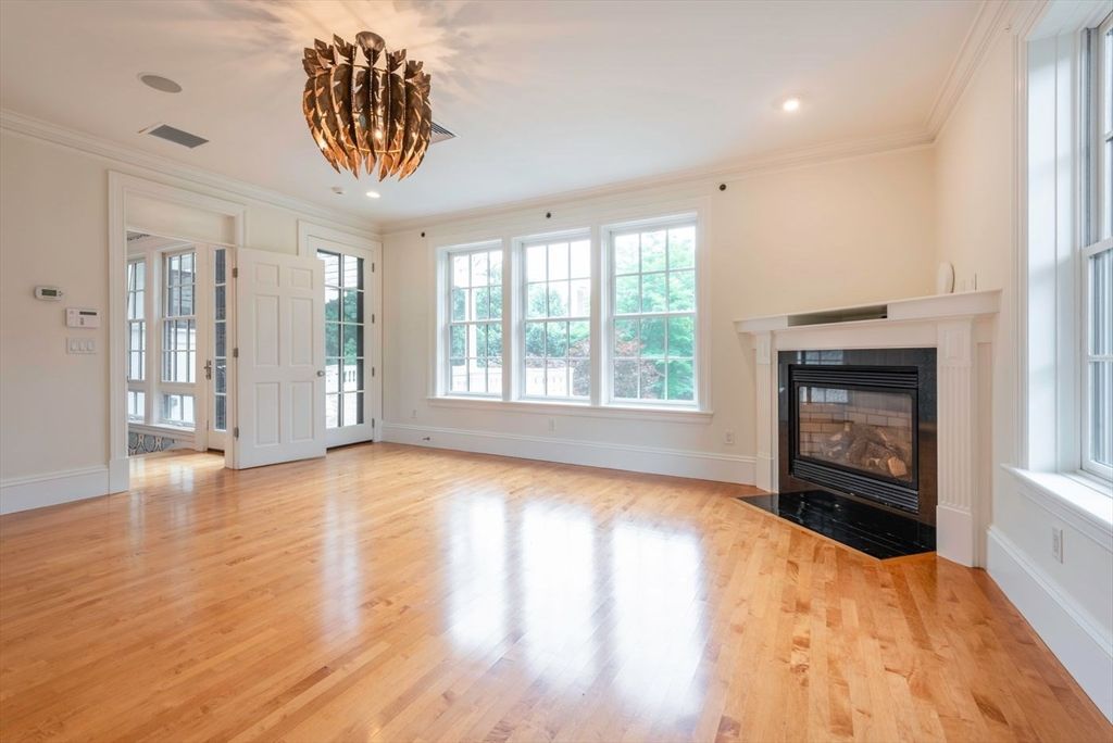 Chandelier, Empty room, Fireplace, Interior, Recessed Lighting, Wood Texture Flooring
