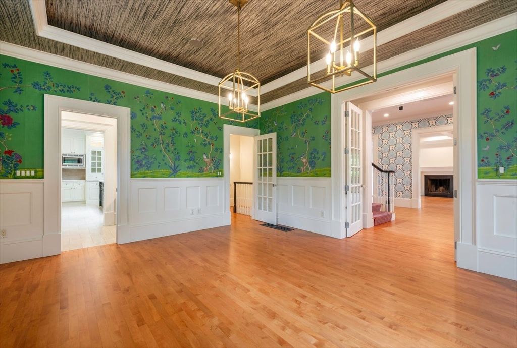 Empty room, Fireplace, Interior, Pendant Lights, Recessed Lighting, Wood Texture Flooring