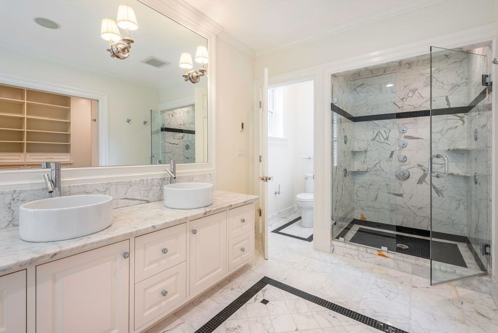 Bathroom, Dual Sink Vanities, Glass Shower, Interior, Marble, Marble Walls