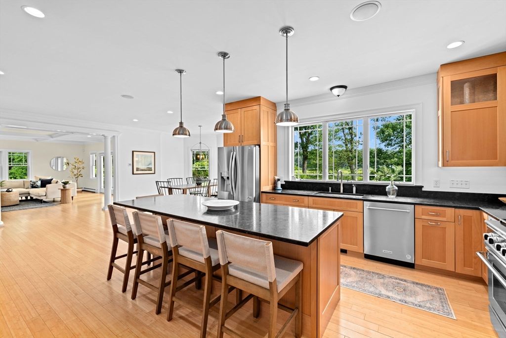 Dining room, Interior, Kitchen, Living room, Pendant Lights, Recessed Lighting, Stainless Steel Appliances, Wood Texture Flooring