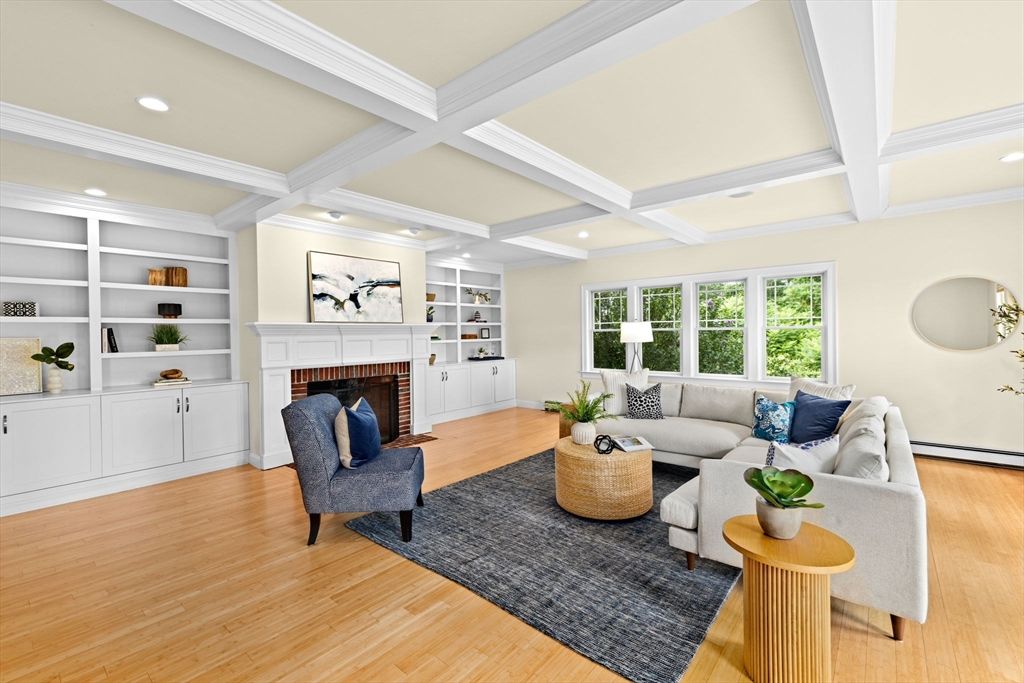 Fireplace, Interior, Living room, Recessed Lighting, Wood Texture Flooring