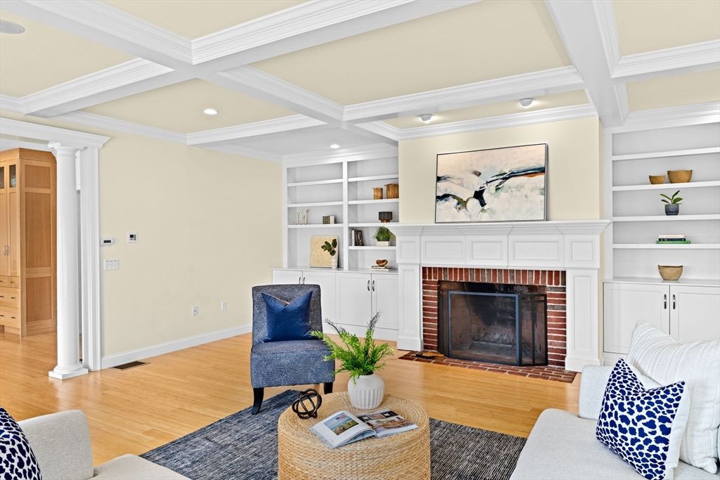 Fireplace, Interior, Living room, Recessed Lighting, Wood Texture Flooring