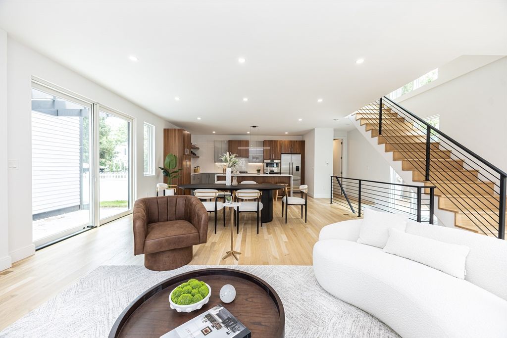 Dining room, Interior, Kitchen, Living room, Recessed Lighting, Stainless Steel Appliances, Wood Texture Flooring