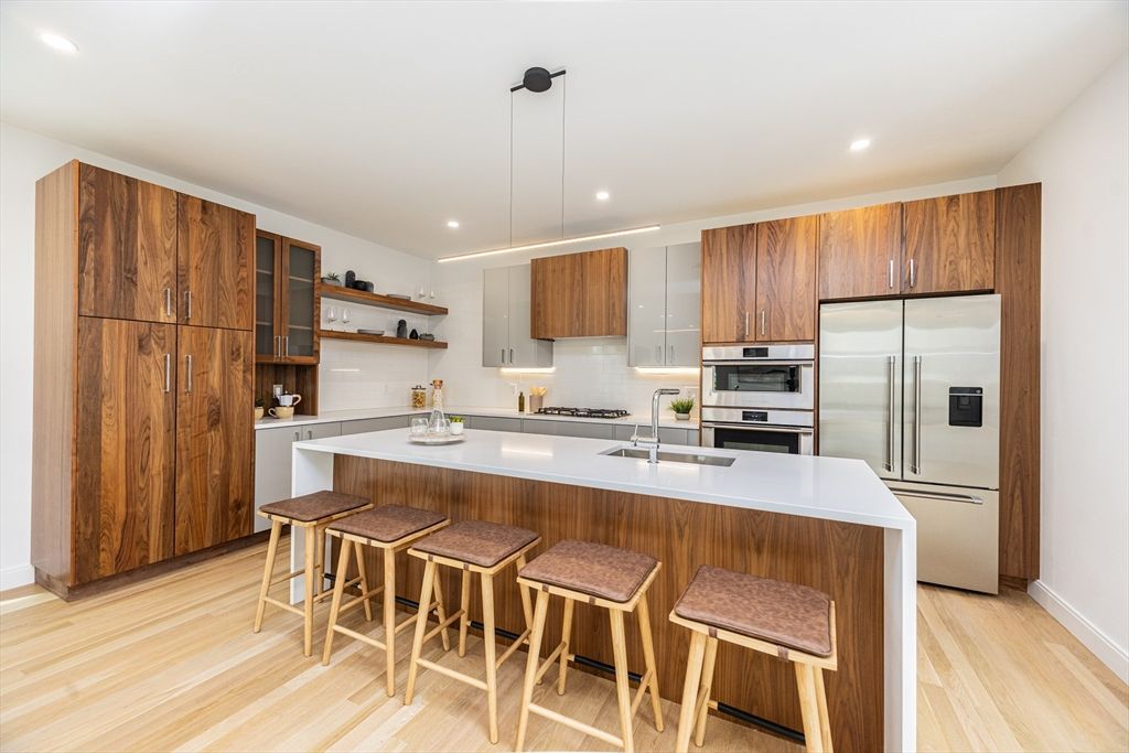 Interior, Kitchen, Pendant Lights, Recessed Lighting, Stainless Steel Appliances, Wood Texture Flooring