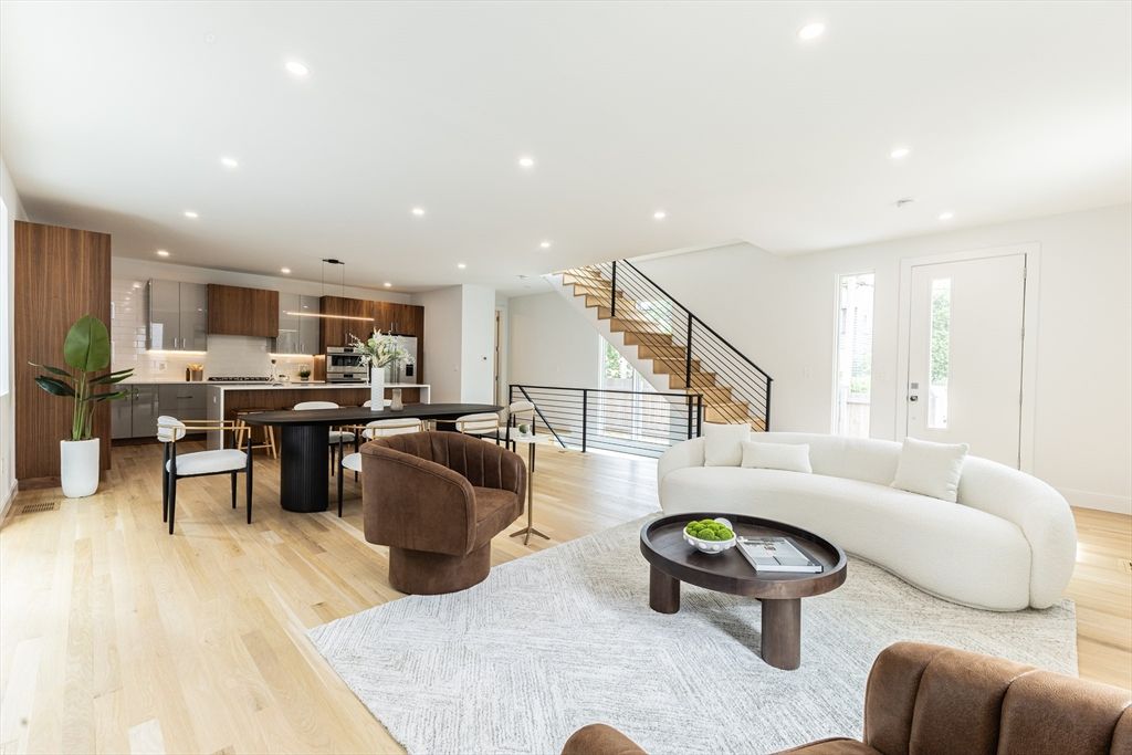 Dining room, Interior, Kitchen, Living room, Pendant Lights, Recessed Lighting, Stainless Steel Appliances, Wood Texture Flooring