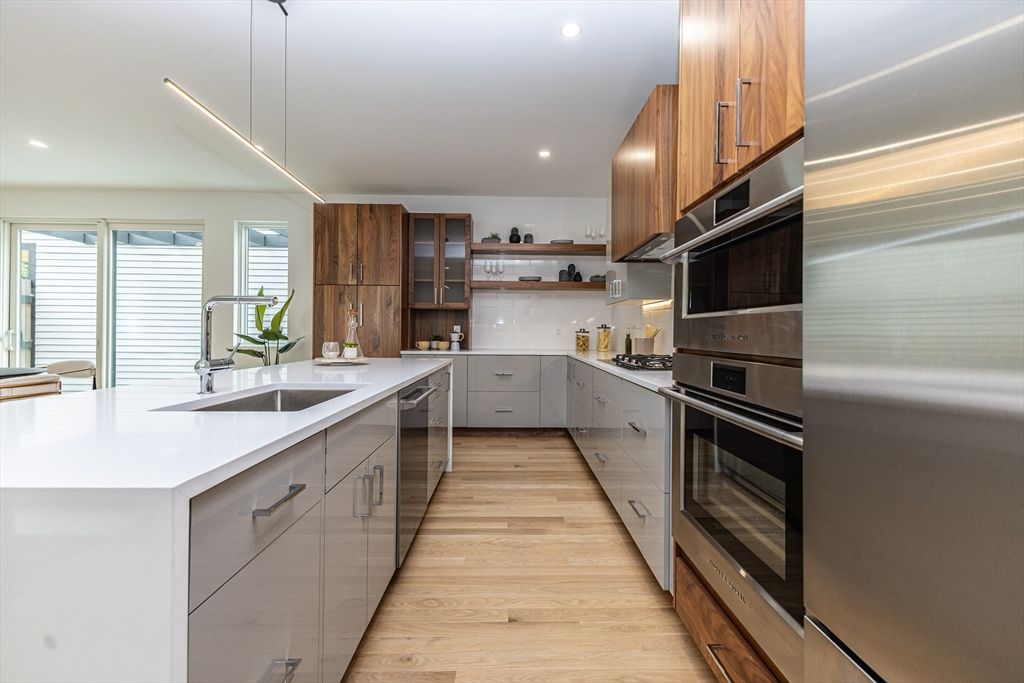 Interior, Kitchen, Pendant Lights, Recessed Lighting, Stainless Steel Appliances, Wood Texture Flooring