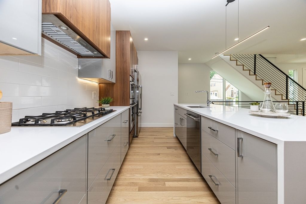 Interior, Kitchen, Pendant Lights, Recessed Lighting, Stainless Steel Appliances, Wood Texture Flooring