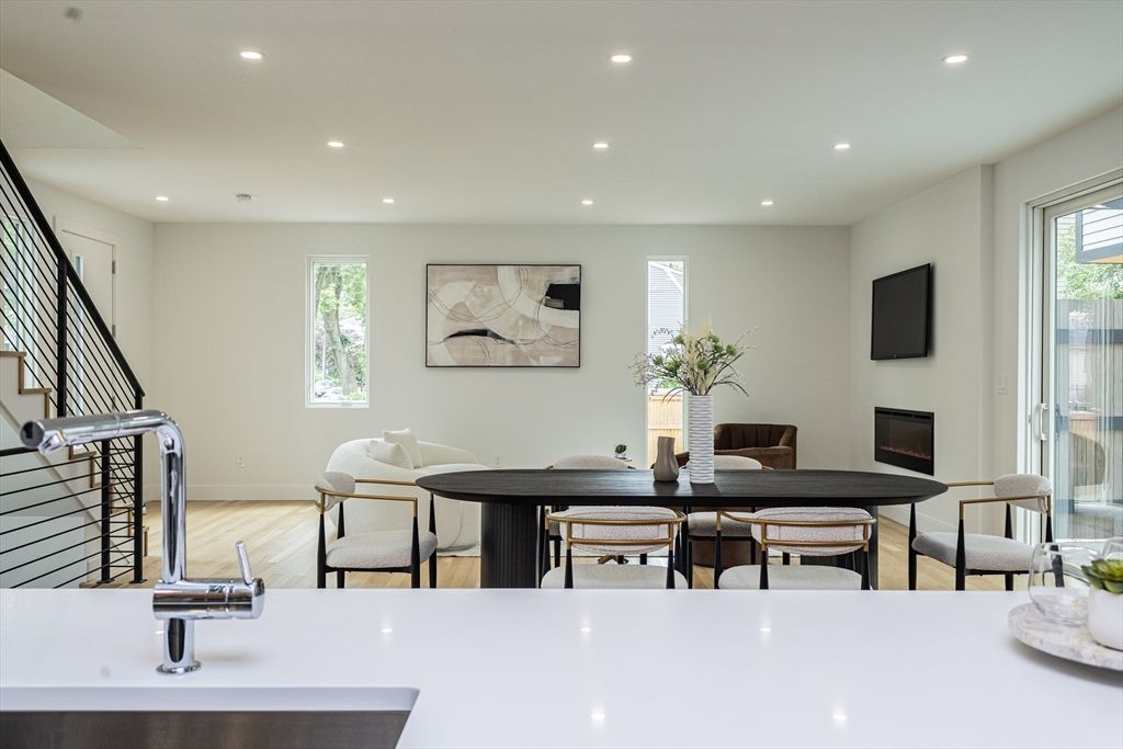 Dining room, Interior, Recessed Lighting, Wood Texture Flooring