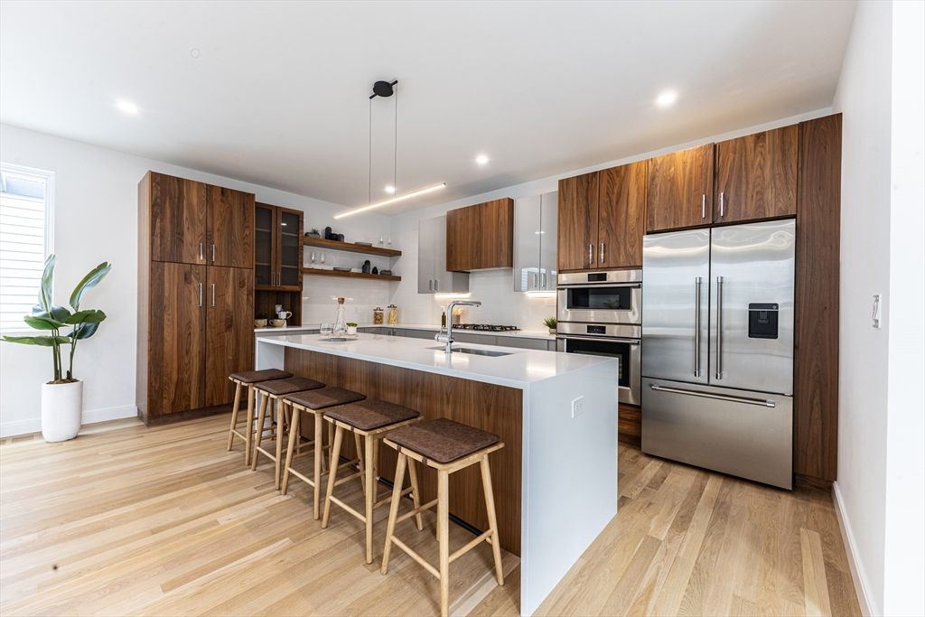 Interior, Kitchen, Pendant Lights, Recessed Lighting, Stainless Steel Appliances, Wood Texture Flooring