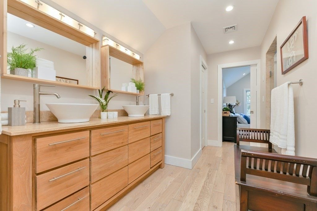 Bathroom, Dual Sink Vanities, Interior, Recessed Lighting, Wood Texture Flooring