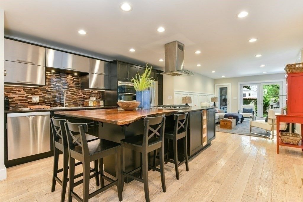 Interior, Kitchen, Living room, Recessed Lighting, Stainless Steel Appliances, Wood Texture Flooring