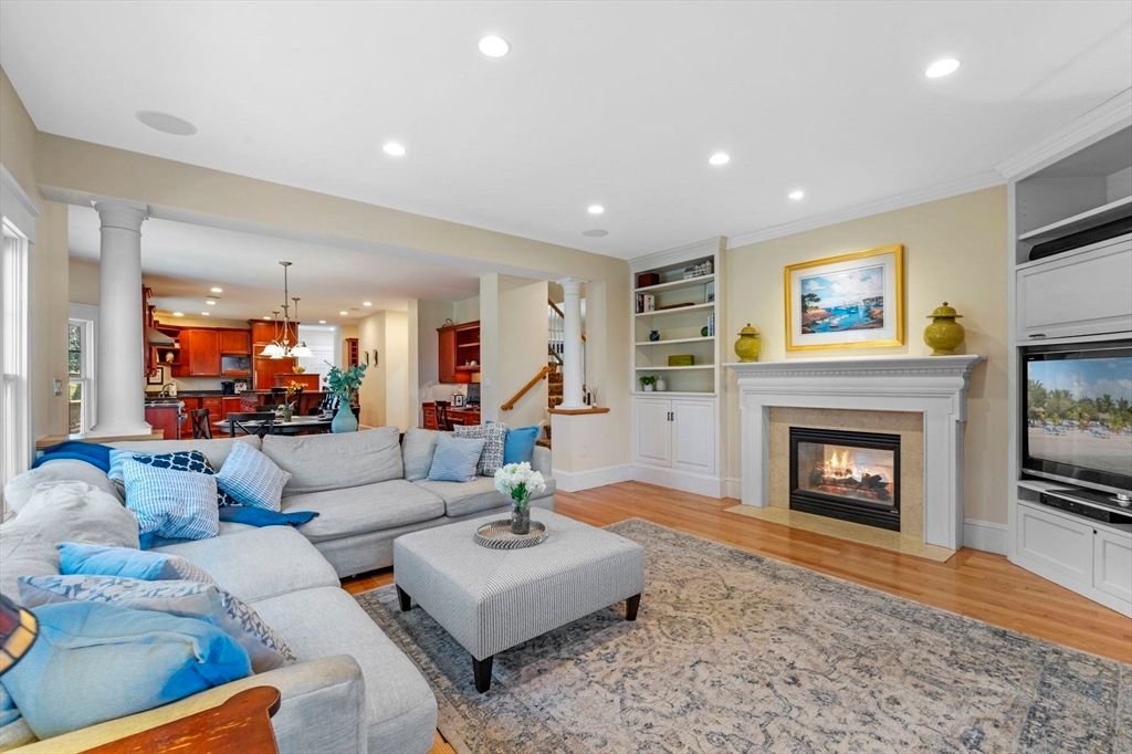 Dining room, Fireplace, Interior, Kitchen, Living room, Pendant Lights, Recessed Lighting, Wood Texture Flooring