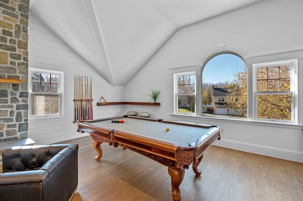 Billiard Table, Game Room, Interior, Stone Walls, Wood Texture Flooring