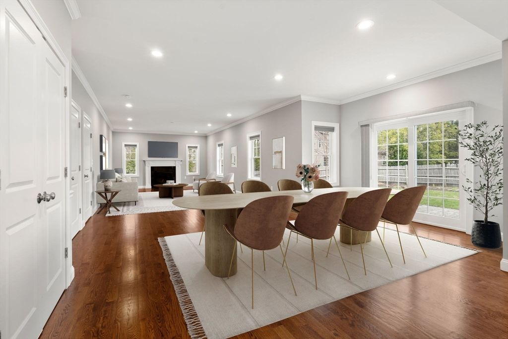 Dining room, Fireplace, Interior, Living room, Recessed Lighting, Wood Texture Flooring