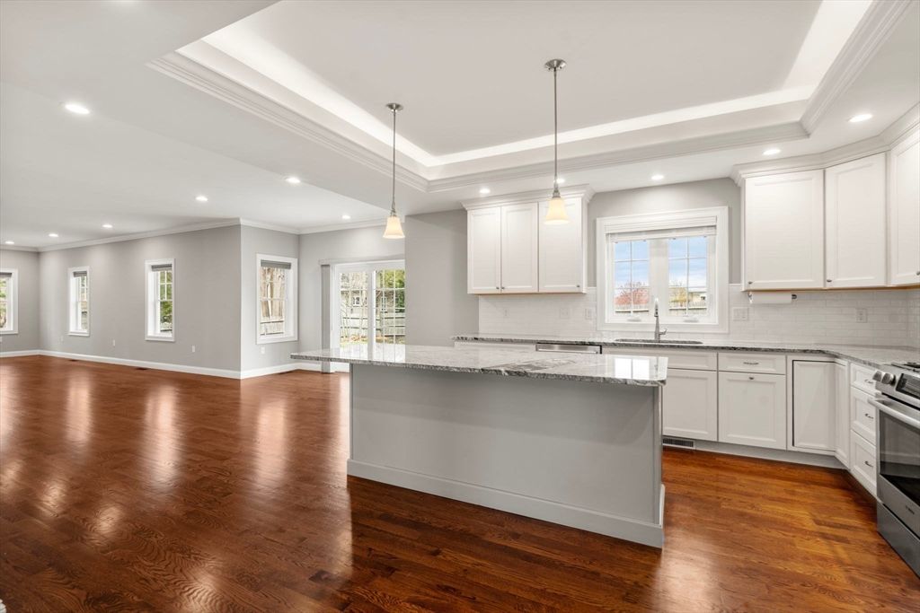 Interior, Kitchen, Pendant Lights, Recessed Lighting, Stainless Steel Appliances, Wood Texture Flooring