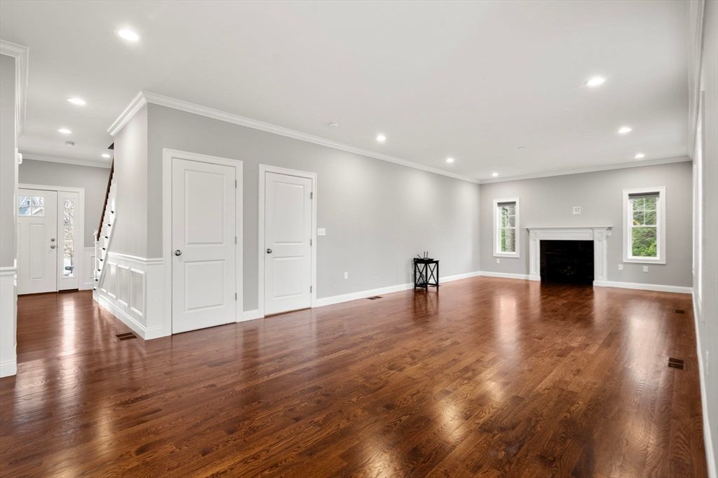 Empty room, Fireplace, Interior, Recessed Lighting, Wood Texture Flooring