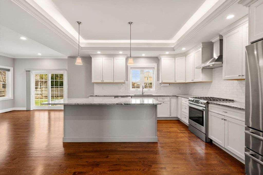 Interior, Kitchen, Pendant Lights, Recessed Lighting, Stainless Steel Appliances, Wood Texture Flooring