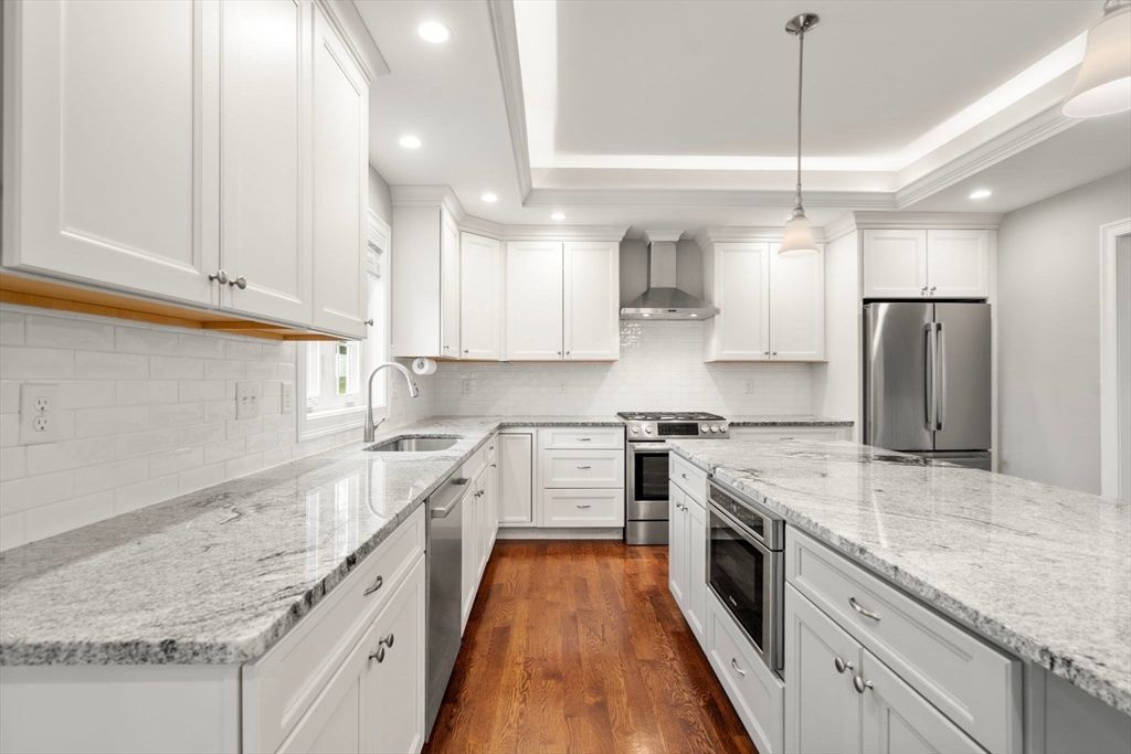 Interior, Kitchen, Pendant Lights, Recessed Lighting, Stainless Steel Appliances, Wood Texture Flooring