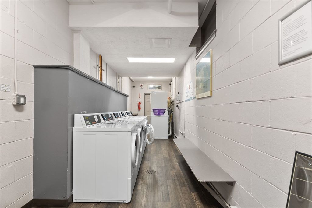 Interior, Recessed Lighting, Stone Walls, Washer, Wood Texture Flooring