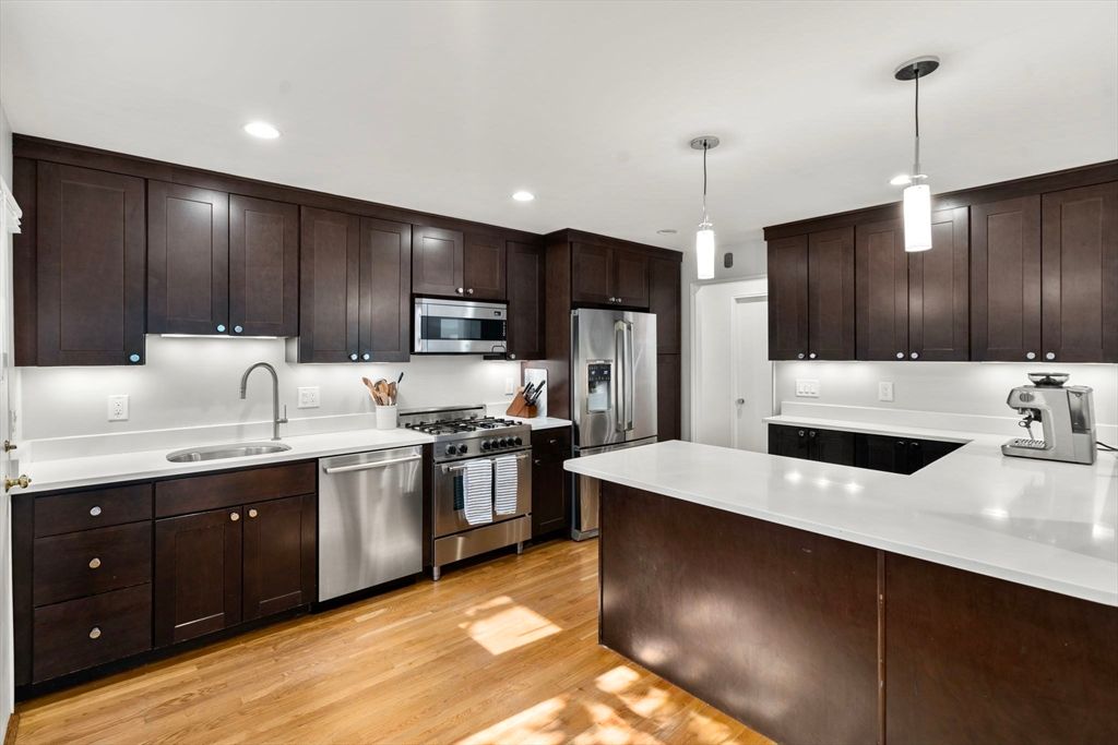 Interior, Kitchen, Pendant Lights, Recessed Lighting, Stainless Steel Appliances, Wood Texture Flooring