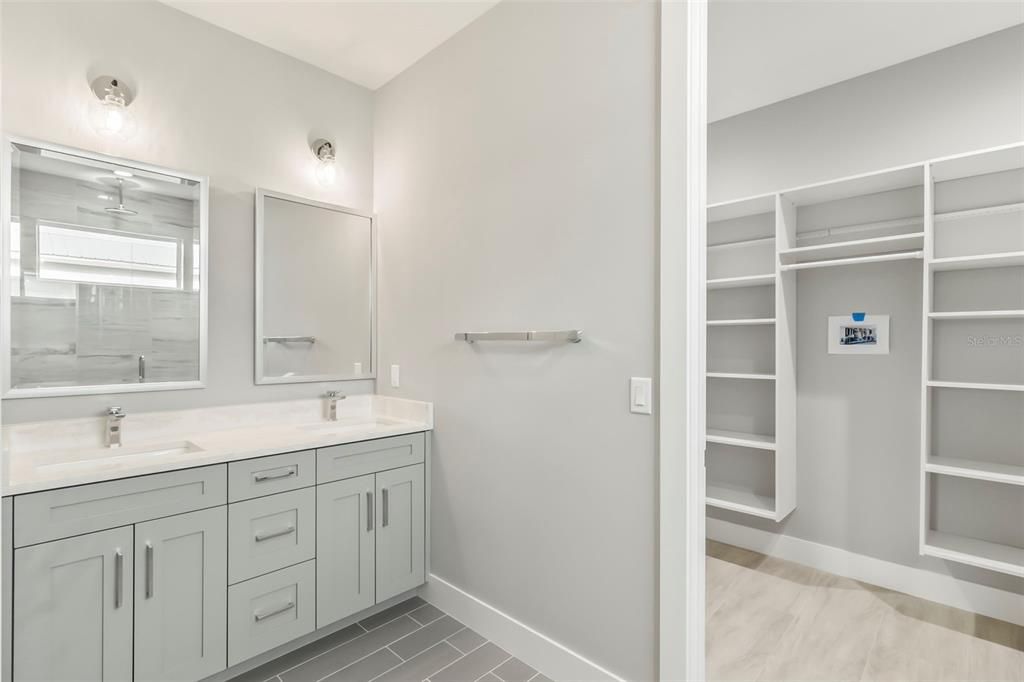Bathroom, Dual Sink Vanities, Interior, Walk-in Closets, Wood Texture Flooring