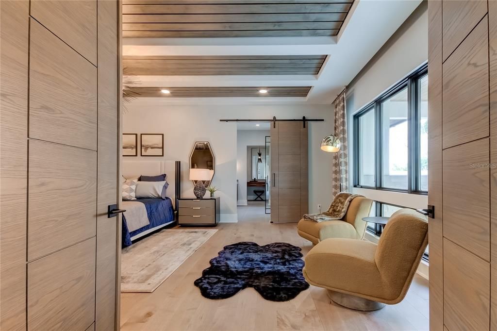 Bedroom, Interior, Recessed Lighting, Wooden Ceilings, Wood Texture Flooring