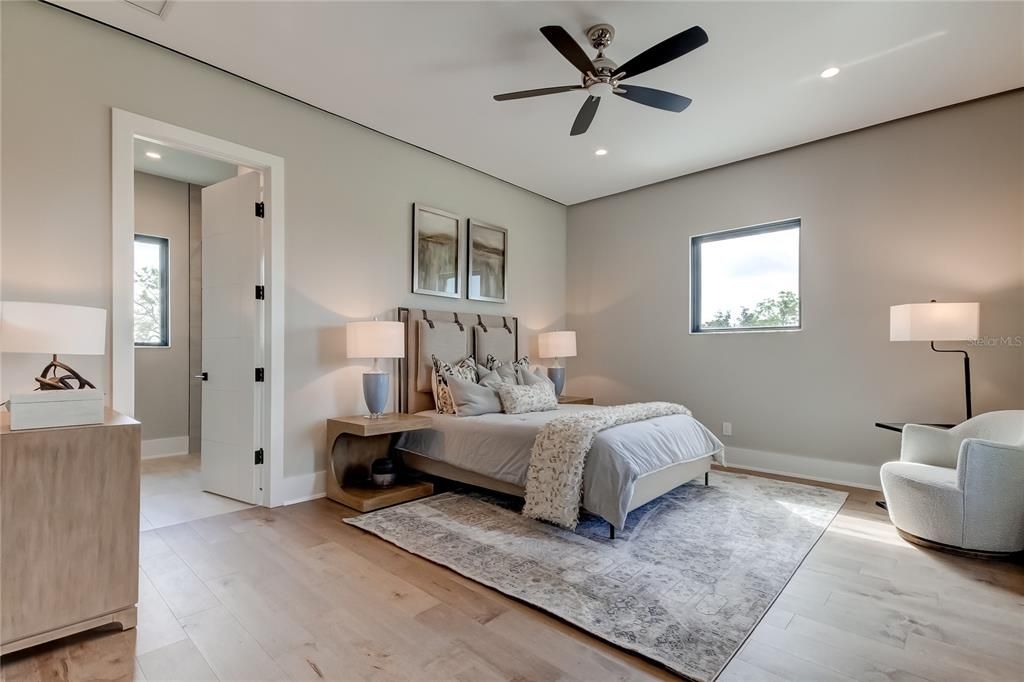 Bedroom, Interior, Recessed Lighting, Wood Texture Flooring