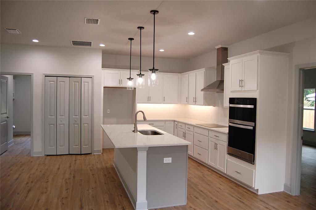 Interior, Kitchen, Pendant Lights, Recessed Lighting, Wood Texture Flooring