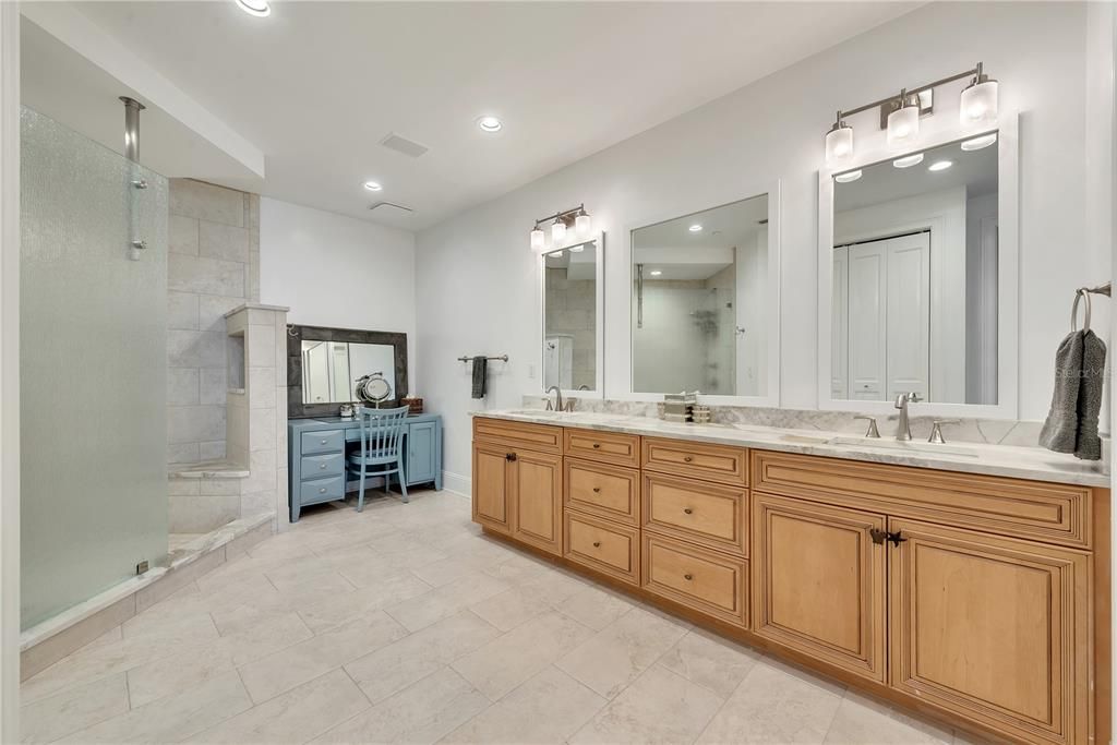 Bathroom, Dual Sink Vanities, Glass Shower, Interior, Recessed Lighting